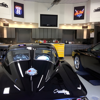Classic Car Garage with Neon Signs and Cabinets - Joe from Colden, NY