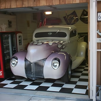 Classic Car on Black and White Checkered Garage Flooring - Flooring