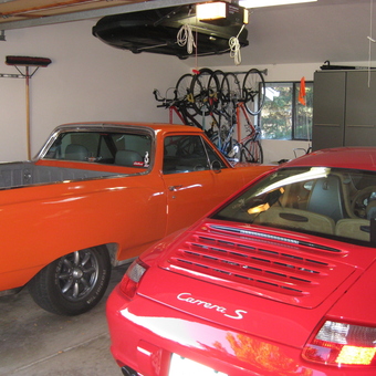 Organized garage with classic cars, cabinets, and bike racks - Mike A from Boulder, CO