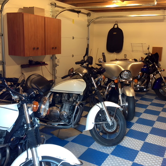 Motorcycle Garage with Storage Cabinets and Tile Floor - Bear Pilot from Bellingham, WA