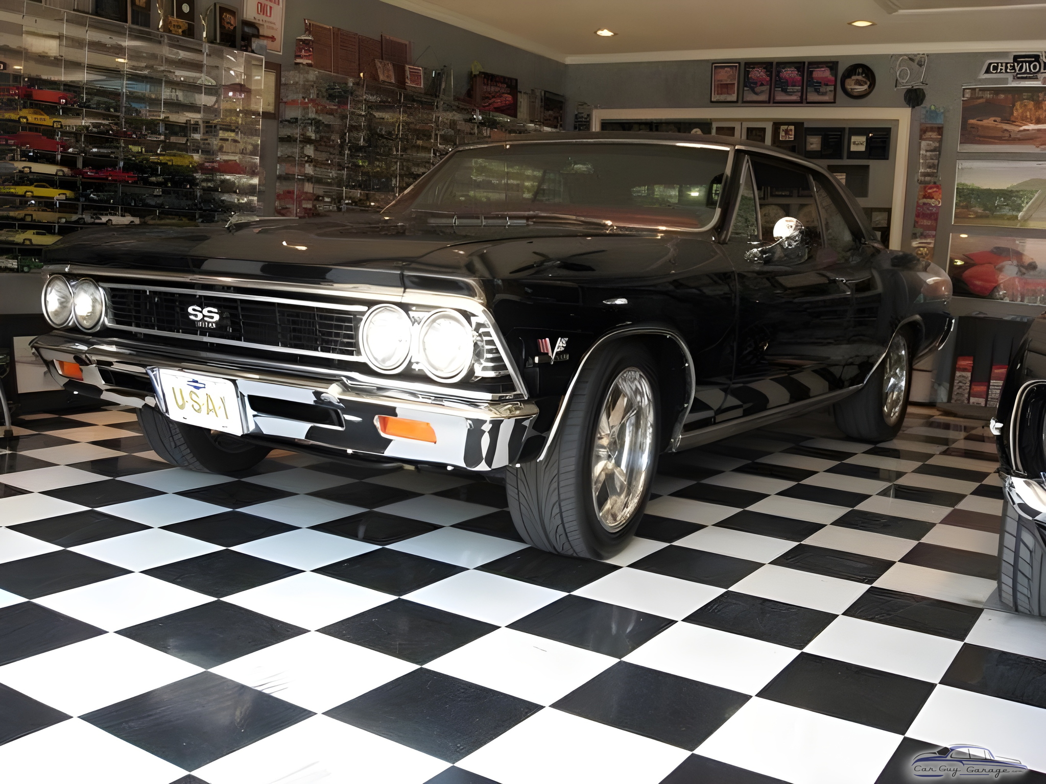 Classic Car Display with Checkered Floor and Wall Art - Johnny from Centerville, GA
