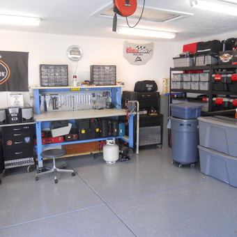 Organized garage with workbench, storage bins, and tools - Jerry from Pataskala, OH