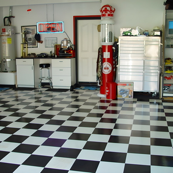 Checkered Garage Floor with Tool Cabinets and Neon Sign - Gil from Canyon, CA