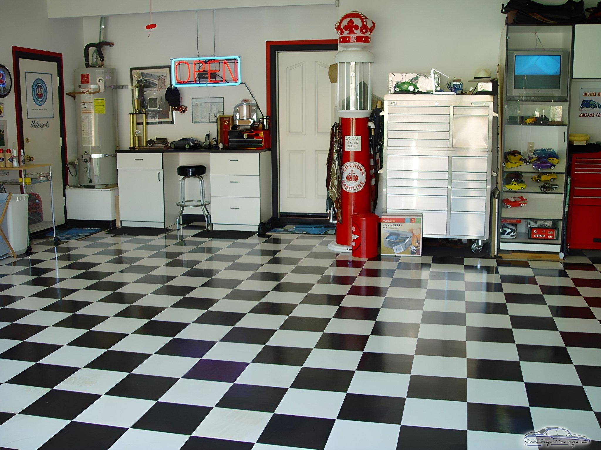 Checkered Garage Floor with Tool Cabinets and Neon Sign - Gil from Canyon, CA