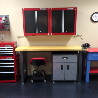 Organized garage with tool chest, workbench, and cabinets - David from Fresno, CA