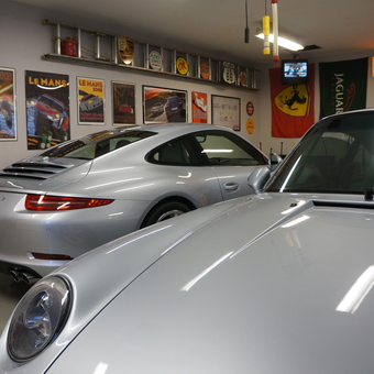 Garage with Silver Porsches and Racing Decor - BradB from St. Louis, MO