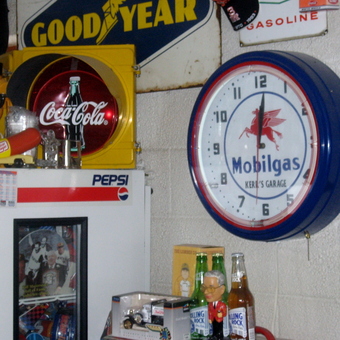 Vintage Mobilgas Clock, Pepsi Fridge, and Signs - Gary from New Paris, PA