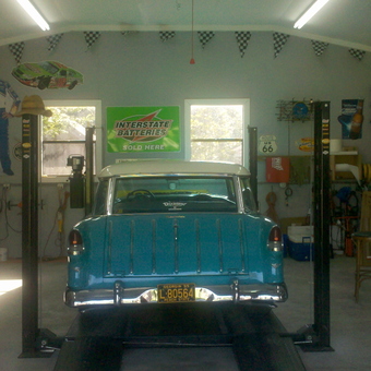 Classic car lift, garage decor, and tools - Pop's Shop from Rincon, GA