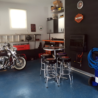 Custom motorcycle garage with Harley stools and tool storage - HarleyD from Martinsville, NJ