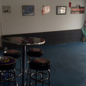 Garage Bar Table and Stools with Wall Decor - HarleyD from Martinsville, NJ