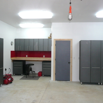 Modern garage with gray cabinets and workbench - Bruce from Truckee, CA