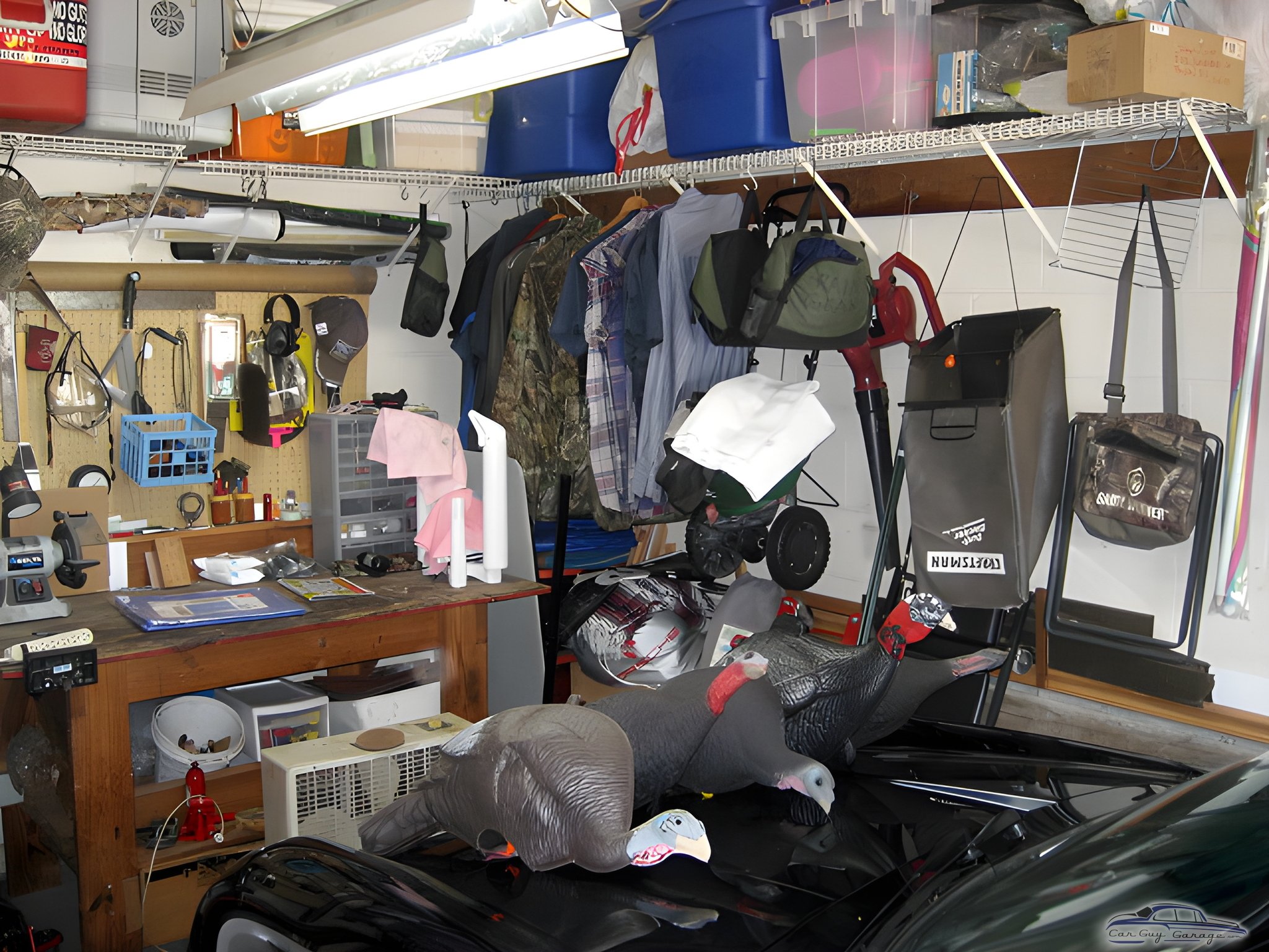 Organized garage with storage bins, workbench, and hunting gear - tix from tampa, FL