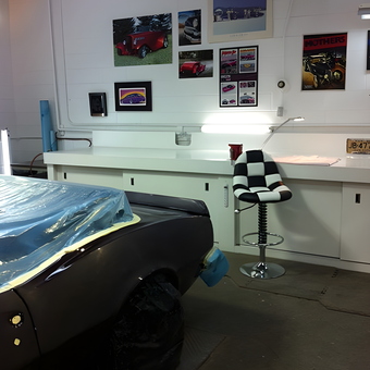 Garage Workstation with Checkered Stool and Car Wall Art - Lawrie from Edmonton AB Canada