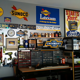 Sunoco Signs, License Plates, and Tools in Organized Garage - MAB from Aston, PA