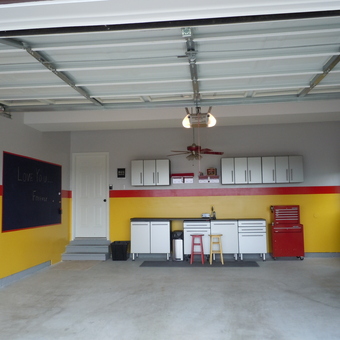 Organized garage with cabinets, tool chest, and stools - Danny from Woodbridge, VA