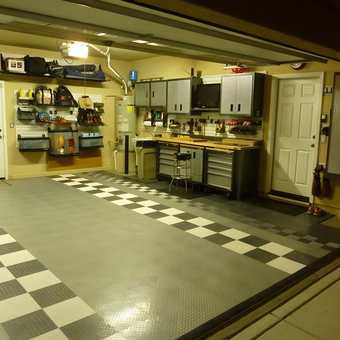 Organized garage with checkered floor and cabinets - Matty D from Woodland, CA