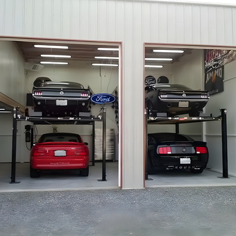 Four Post Car Lifts with Mustangs in Spacious Garage - Rick D from Tacoma, WA