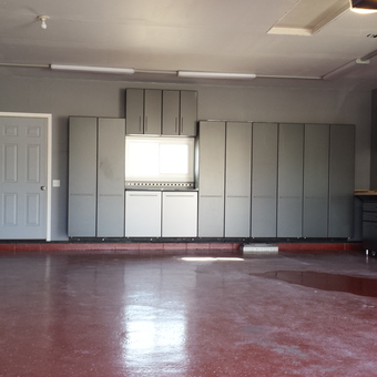 Modern garage with gray cabinets and workbench - Paul Erickson from Eagan, MN
