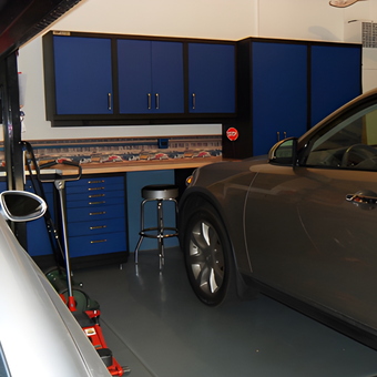 Organized Garage With Blue Cabinets and Workbench - Larry from Naperville, IL