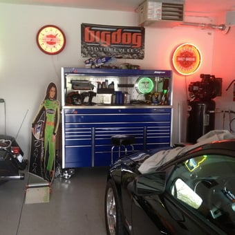 Organized garage with blue tool chest and neon signs - Dennis from Woodstock, IL