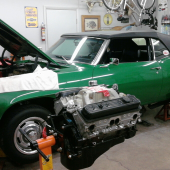 Classic green car restoration with engine stand - Dan from Lombard, IL