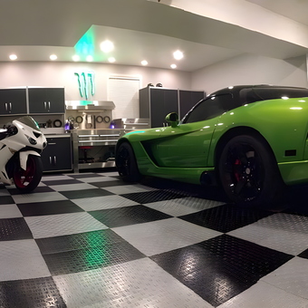 Checkered Garage Flooring With Cabinets and Lighting - Flooring