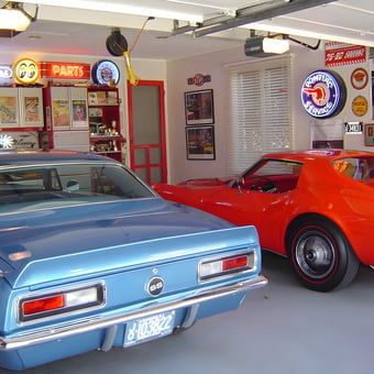 Classic Car Garage with Neon Signs and Wall Cabinets - FASTLANE from MISSION, KS