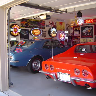 Classic Car Garage with Neon Signs and Decor - FASTLANE from MISSION, KS