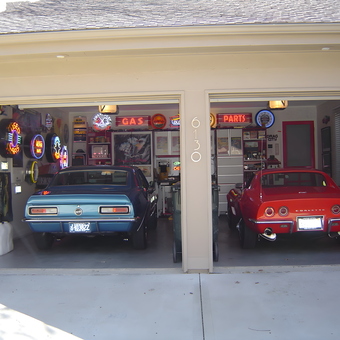 Classic Car Garage with Neon Signs and Wall Art - FASTLANE from MISSION, KS