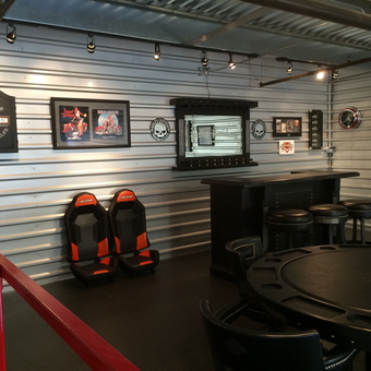 Harley-Davidson Decor and Bar Stools in Garage Lounge - Rod from Chandler, AZ