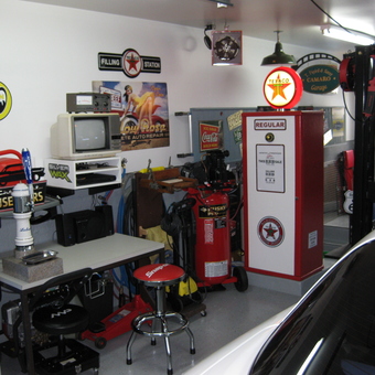 Retro Garage Decor with Texaco Pump and Signs - Double Camaro's from Champlain, NY