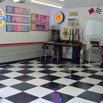 Checkered Floor Garage With Neon Signs and Tool Storage - Joey B's Garage from Johnstown, PA