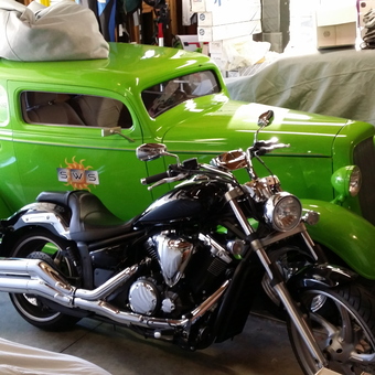 Classic Green Hot Rod and Motorcycles in Garage - virgil ryan from Escondido, CA