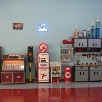 Retro Garage Decor with Cabinets and Gas Pump - Boca's Antique Garage from Somerset, CA