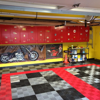 Red Garage Cabinets, Checkered Flooring, Motorcycle Banner - Zanik from Parkridge, IL