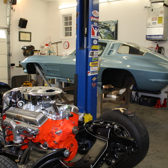 Classic car restoration garage with lift and engine - Jerry Forthofer from Rockwell, NC
