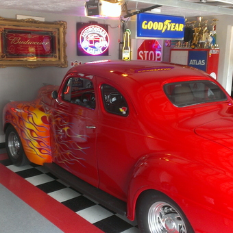Classic car man cave with neon signs and decor - Small Man Cave from Plantation, FL
