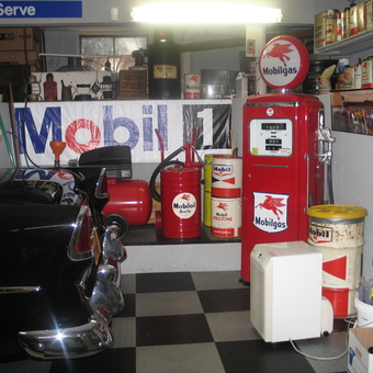 Vintage Mobilgas Pump and Oil Cans in Classic Garage - Hank from Dix Hills, NY