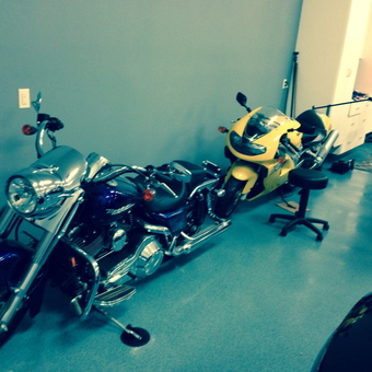 Motorcycles, Garage Cabinets, and Shop Stool - Neo
