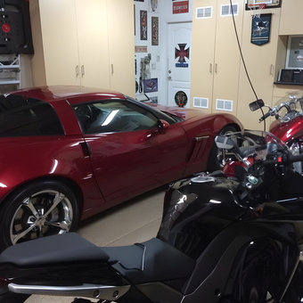 Organized Garage With Sports Car, Motorcycles, Cabinets - Larry from Sunnyvale, CA
