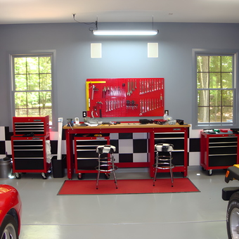 Organized garage with red tool cabinets and workbench - Jay from Blythewood, SC