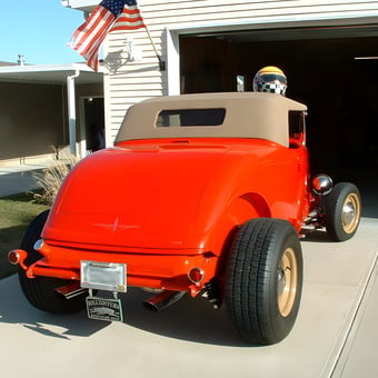 Classic Red Hot Rod with Tan Soft Top in Driveway - speedbuggy from Harrison, OH