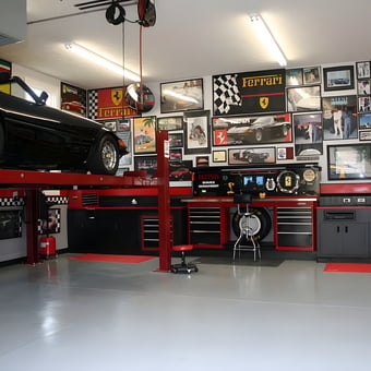 Ferrari-Themed Garage with Car Lift and Tool Cabinets - TBs Garage from Louisville, KY