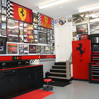 Ferrari Themed Garage with Tool Cabinets and Wall Art - TBs Garage from Louisville, KY