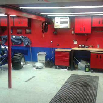 Red and Blue Garage with Cabinets and Toolboxes - Red Steel