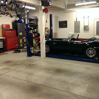 Classic car on lift with tool chests and workbench - Tyler from Portland, OR