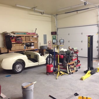 Classic car project garage with MaxJax lift and tools - Fred from Tulsa, OK