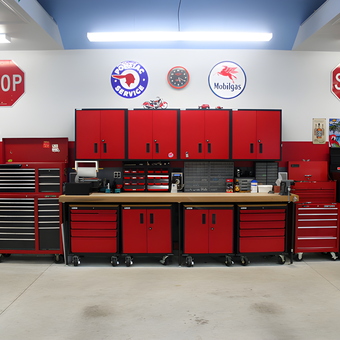 Red Garage Cabinets and Tool Chests with Wall Decor - Perry from Woodbury, NY