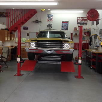 Classic Car on Red Four Post Lift in Organized Garage - Perry Yasher from Pataskala, OH