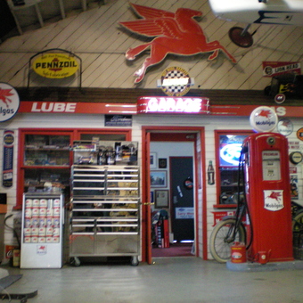 Vintage Mobilgas Decor and Classic Gas Pump Display - Elwood's garage from Long Beach, CA